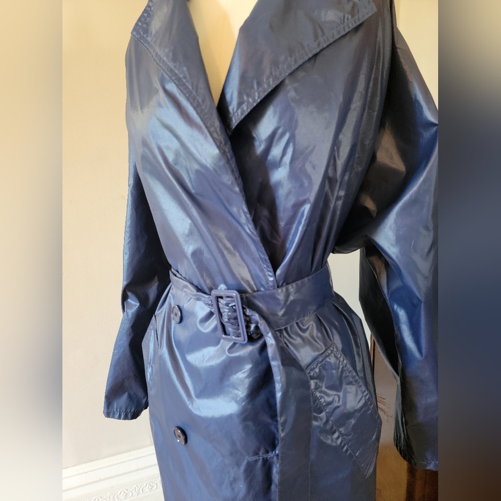 Totes Shiny Blue Women's Trench Rain Coat Jacket Navy OSFM - Picture 4 of 8